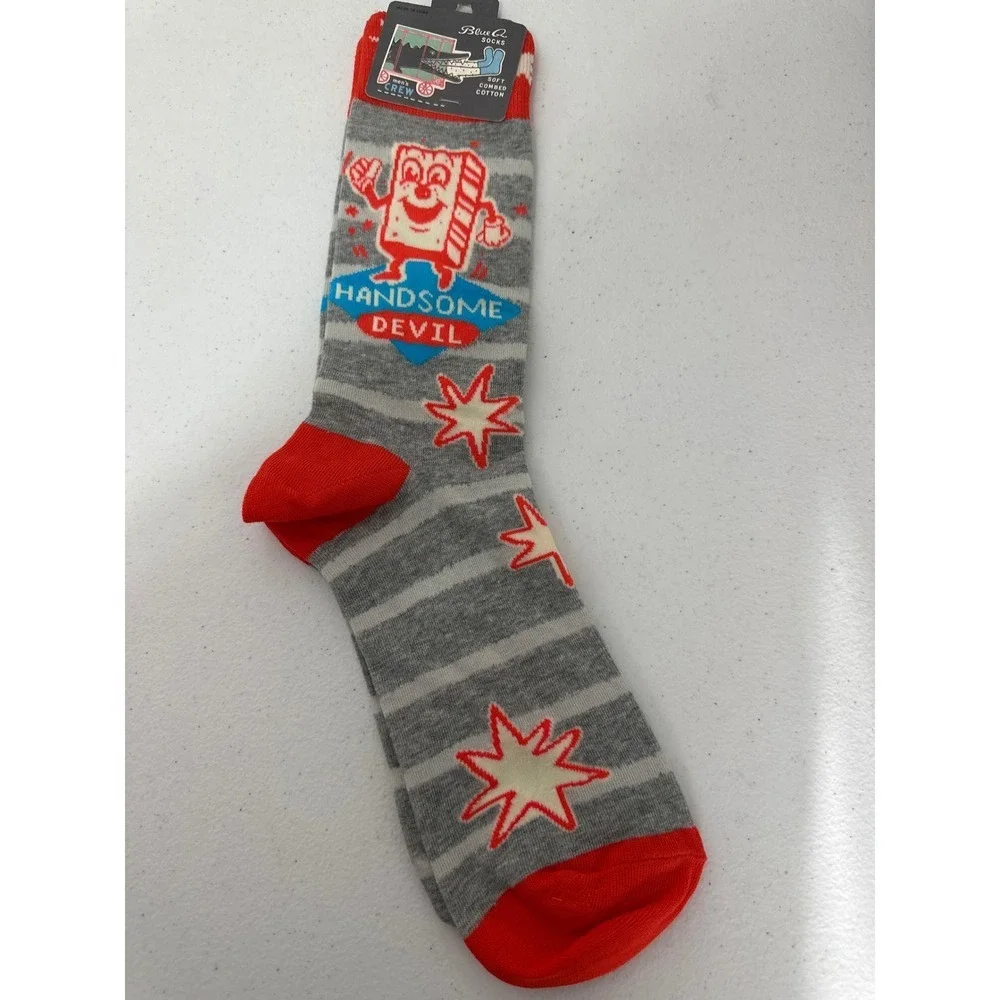 NWT Blue Q Mens Socks Handsome Devil Grey Red Striped Retro Graphic Novelty